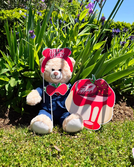Teddy bear dressed in blue sitting on grass among green plants, holding a strawberry sign and a strawberry dessert cutout.