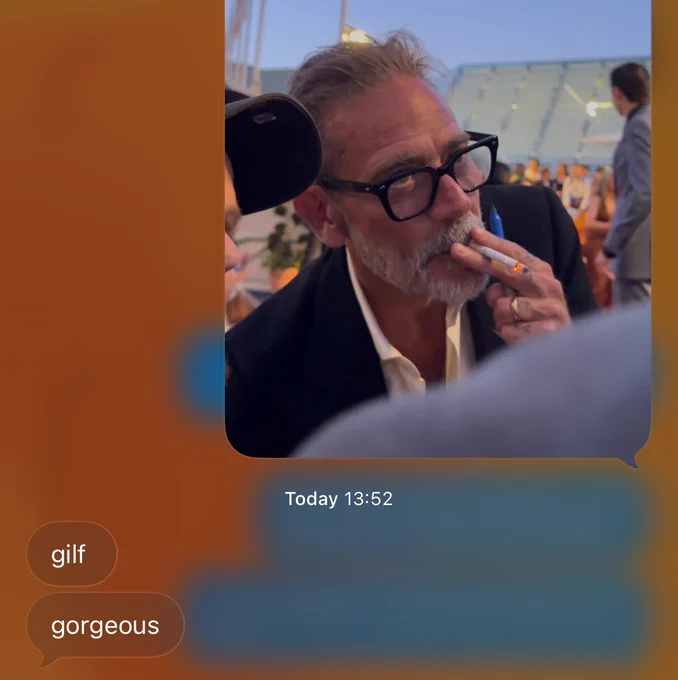 qrt of a screenshot of me sending a photo of mr hot beautiful sexy jeffrey dean morgan smoking a cigarette w his lil glasses on (taken by @clearlyathree in the tweet i quoted) to my friend who responded ‘gilf’ ‘gorgeous’