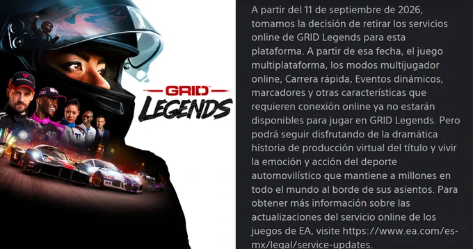 GRID Legends | PlayStation anticipa el cierre de sus funciones online
