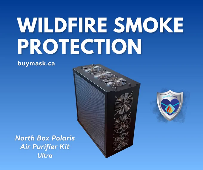 Photo of a North Box Polaris Ultra air purifier made with black aluminum and 6 PC-fans. The background is a blue gradient.

"Wildfire Smoke Protection - buymask.ca"