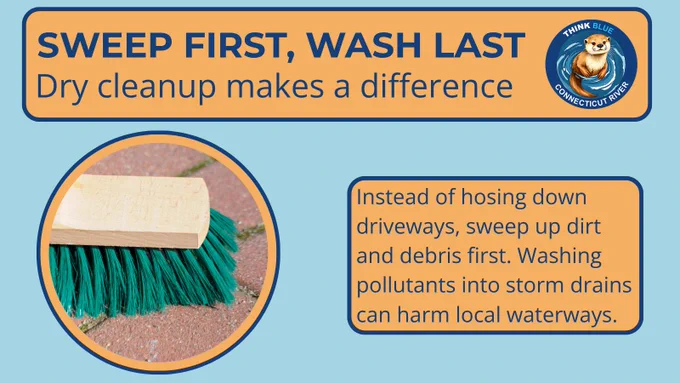 Graphic titled “Sweep First, Wash Last.” Image shows a push broom sweeping a driveway. Text encourages sweeping up dirt and debris before washing surfaces to prevent pollutants from entering storm drains and harming local waterways. The Think Blue Connecticut River logo appears in the corner.