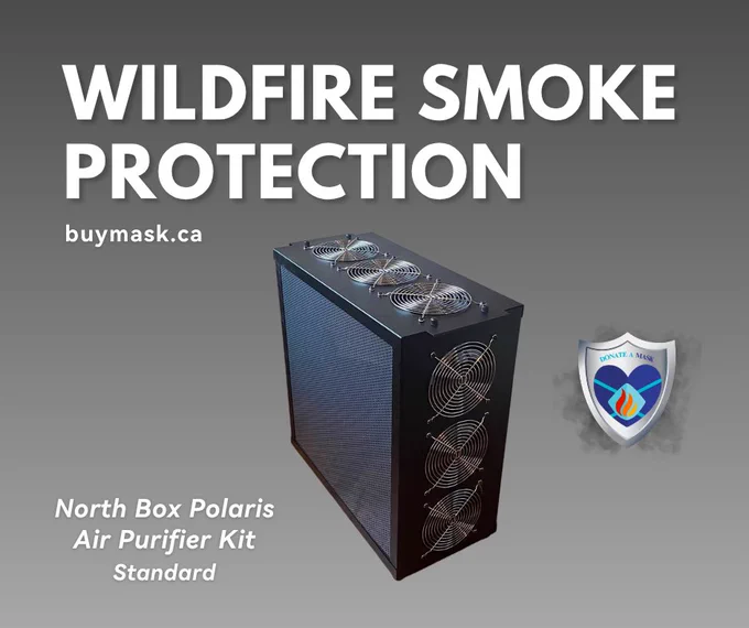 Photo of a North Box Polaris air purifier made with black aluminum and 6 PC-fans. The background is a grey gradient.

"Wildfire Smoke Protection - buymask.ca"