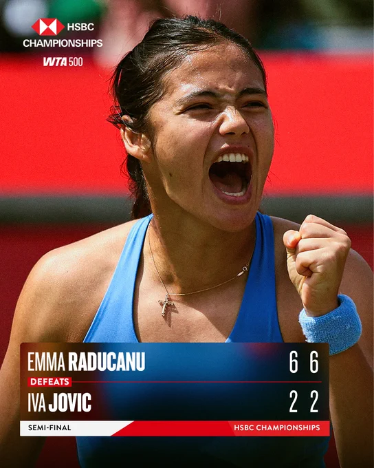 graphic showing Raducanu beat Jovic 2&2 