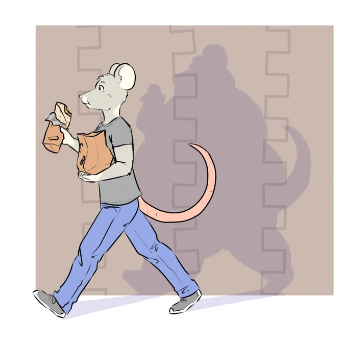 An slim anthro mouse guy eating a bean and cheese burrito, casting a fat shadow.