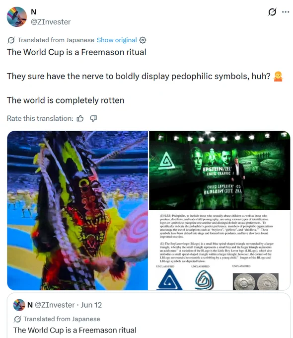 The World Cup is a #Freemason ritual
They sure have the nerve to boldly display p3dophilic symbols, huh? 🤷
The world is completely rotten
- @ZInvester
THE WORLD IS NOT ROTTEN, WE ARE JUST SURROUNDED AT THE MOMENT BY DECEIVERS🪢
https://x.com/GoogleExpertUK/status/2065796928021946378
ADA🧮#news