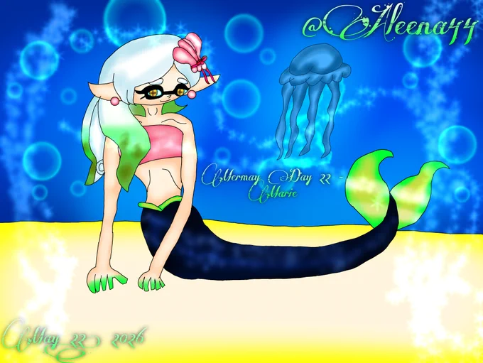 Day 22 of my Mermay Challenge 2026 (Video Game Edition); Marie from Splatoon 

I remembered drawing Callie on my sketchbook, but for now on, it's just Marie as a mermaid as you can see out there, been watching you down to the tidal rush, and I also brought her a jellyfish that I saw on, but I've never done ANY (yes, any) squid cecaelias, but still, she's seeing the bright jellyfishes, but only just a blue one...do you like jellyfish and squid altogether?...