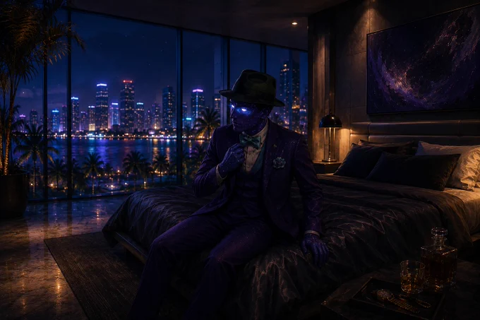 A stylish figure illuminated by city lights sits on a bed, surrounded by luxury decor, exuding a calm, nighttime ambiance.