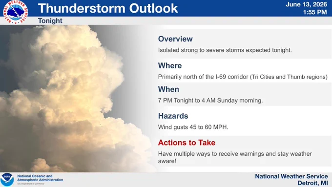 Isolated strong to severe storms are possible between 7 PM tonight and 4 AM Sunday morning, mainly north of the I 69 corridor. The severe weather hazardous are wind gusts between 45 and 60 MPH.