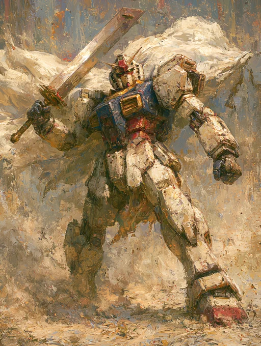A massive mech warrior steps forward through swirling dust.