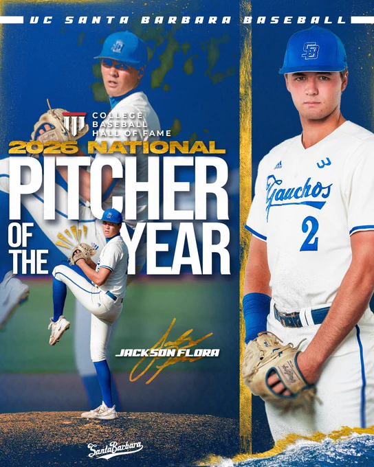 A graphic celebrating Jackson Flora’s College Baseball Foundation Pitcher of the Year Award. On the right side, Jackson stands with his glove at his waist in a posed photo. On the left side, text reads: College Baseball Hall of Fame 2026 National Pitcher of the Year Jackson Flora. Below the text is a photo of Jackson on the mound, starting his windup. A larger version of the same photo is in the background of the graphic. 
