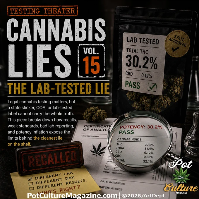 Feature image for “Cannabis Lies Vol. 15: The Lab-Tested Lie” showing cannabis flower, lab-tested packaging, a state-approved sticker, certificate of analysis paperwork, a magnifying glass over potency results, and a recalled stamp, with Pot Culture Magazine logo and PotCultureMagazine.com visible.