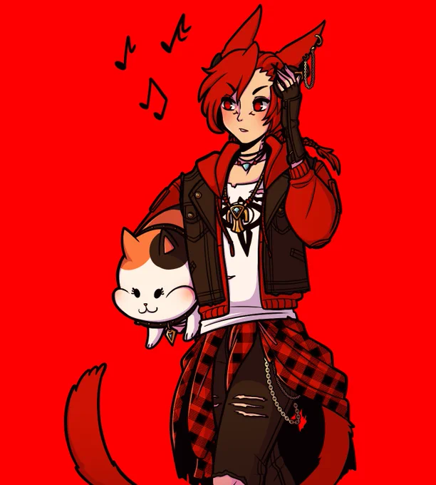 digital artwork of g'raha tia in an outfit inspired by his look in the download festival promo. he has a fat cat tucked under his right arm and is listening to music on headphones


