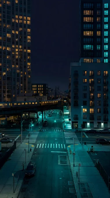 A high-angle nighttime cityscape featuring a large empty intersection illuminated by cool cyan streetlights. Bright white crosswalk markings stand out against the dark asphalt below. An elevated subway train travels across the scene from left to right, its yellow-lit windows forming a glowing ribbon of light. Tall residential buildings frame both sides of the street, with warm yellow and orange window lights contrasting against the cold tones of the roadway. In the distance, faint bridge lights and urban silhouettes emerge beneath a dark night sky.