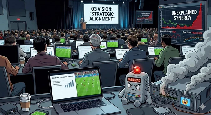 Engineers at a meeting secretly watching soccer. A network switch is smoking.