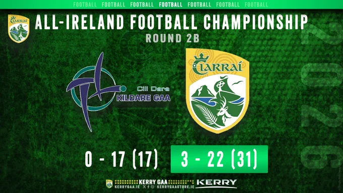 Full-Time in Newbridge in the 2026 Electric Ireland All-Ireland Senior Football Championship Round 2B. Kildare 0 – 17 (17) Kerry 3 – 22 (31).
