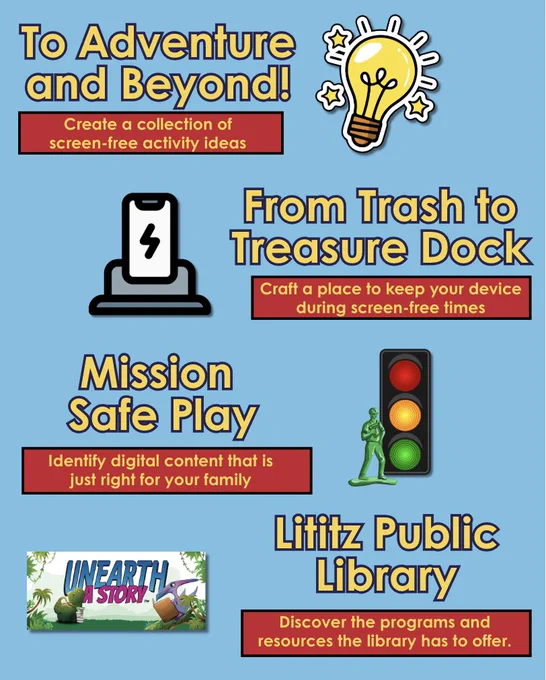 To Adventure and Beyond, From Trash to Treasure Dock, Mission Safe Play, and Lititz Public Library stations