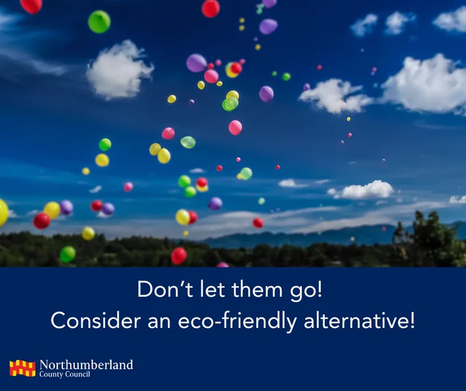 Colorful balloons float up into a clear blue sky above a landscape of trees. Text at the bottom reads: "Don’t let them go! Consider an eco-friendly alternative!" Above the Northumberland County Council logo.