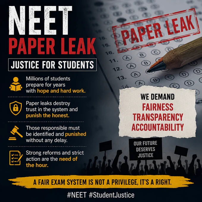 Millions of students spend years preparing for NEET. For many families, it is not just an exam—it is a dream, a sacrifice, and a hope for a better future.

The NEET paper leak controversy has once again raised serious questions about the security and credibility of our examination system. Honest students should never have to suffer because of administrative failures.

Those responsible must be identified and punished, and strong reforms must ensure that such incidents never happen again.

Students deserve fairness. Their future cannot be compromised.

@NTA_Exams @EduMinOfIndia

#NEET #StudentJustice