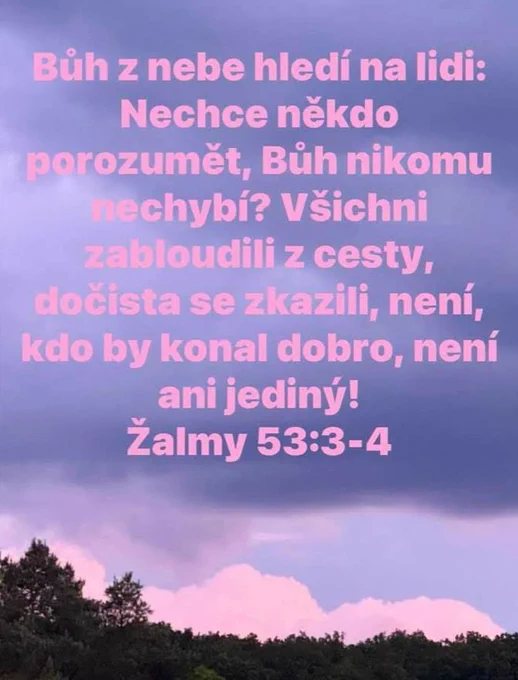 Bůh z nebe hledí na lidi:
Nechce někdo
porozumět, Bůh nikomu
nechybí? Všichni
zabloudili z cesty,
dočista se zkazili, není,
kdo by konal dobro, není
ani jediný!
Žalmy 53:3-4