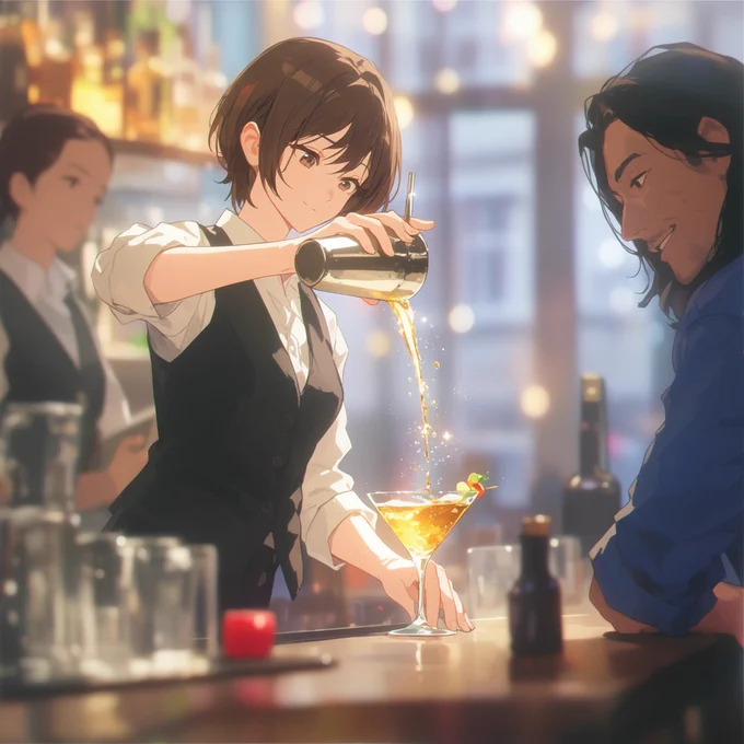 Krea 2 Large

Medium shot, young woman with short brown hair working as a bartender, pouring a golden cocktail from a shaker into a martini glass with a graceful motion, sparkling liquid droplets catching the light, wearing a white shirt with rolled sleeves and a dark vest, standing behind a polished bar counter, warm bokeh lights from bottles and city windows in the background, soft magical glow, romantic anime illustration style, dreamy atmosphere, elegance and quiet confidence.