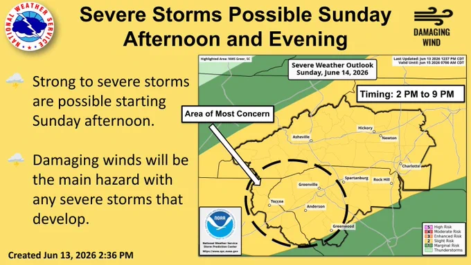 Graphic showing the severe risk on Sunday across the western Carolinas and northeast Georgia. A slight risk is in place across much of the area. Damaging winds will be the main hazard with any severe storms that develop. Timing is 2 PM to 9 PM Sunday. 