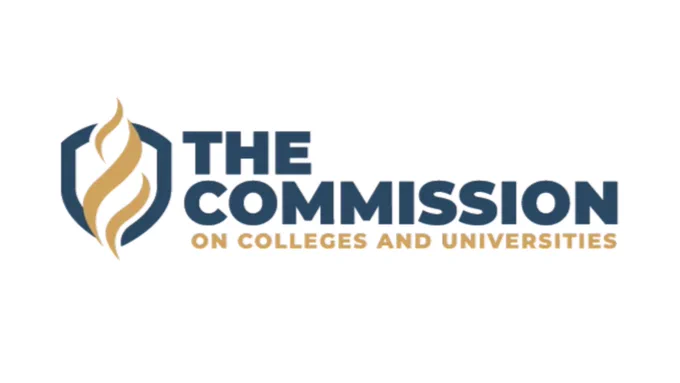 The logo for the Commission on Colleges and Universities, a gold torch in a navy blue shield