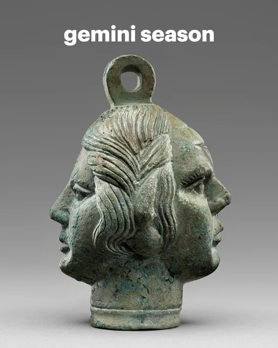 Ancient weight with two faces, one with the head of a maenad and one with the head of a satyr. Text: gemini season