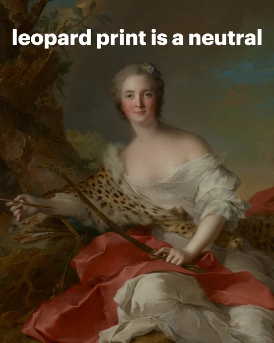 Portrait of a woman wearing a revealing white chemise low on her shoulders, and wrapped in a leopard skin. Text: leopard is a neutral