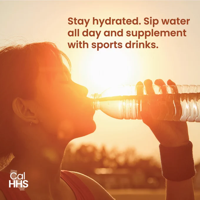 Silhouetted individual drinking water from a bottle at sunset, with text advising to stay hydrated with water and sports drinks, from CalHHS.