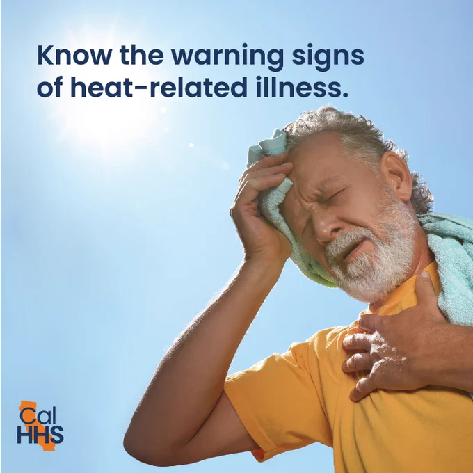 Older male adult using a towel to cool off their head under the bright sun with text 'Know the warning signs of heat-related illness.' Promotional image by CalHHS.