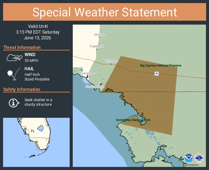 This graphic displays a special weather statement plotted on a map. The statement is in effect until 3:15 PM EDT.  The statement includes Collier County, FL.  A strong thunderstorm will impact portions of south central Collier and northern Mainland Monroe Counties through 315 PM EDT. The threats associated with this storm are wind gusts up to 55 MPH and half inch sized hail. Seek shelter in a sturdy structure until the storm passes.