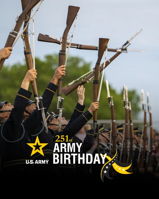 A graphic celebrating the 251st Army Birthday. The background image shows U.S. Soldiers in modern dress uniforms performing a rifle salute, pointing their rifles and bayonets toward the sky. The text on the graphic reads \"251st Army Birthday\" next to the U.S. Army logo.