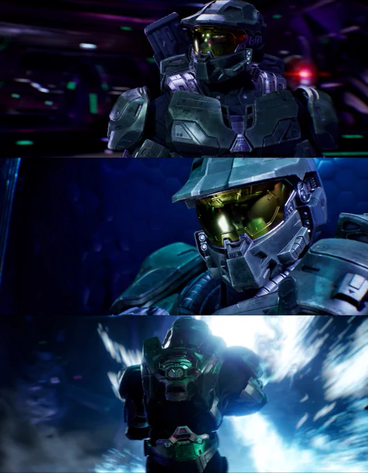 Three panels showcase Master Chief positioned in a Covenant ship. The top panel features a side profile, the middle focuses on the helmet's intricate details, and the bottom shows Chief facing away, with vibrant blue light emanating behind.