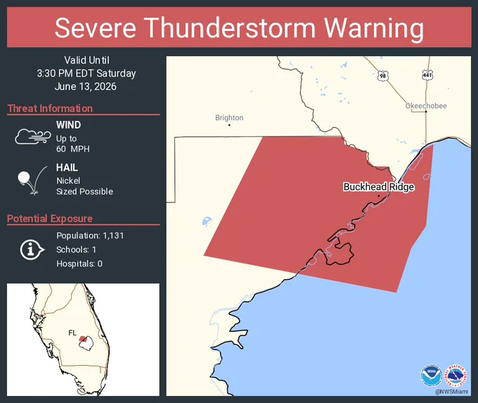 This graphic displays a severe thunderstorm warning plotted on a map. The warning is in effect until 3:30 PM EDT. The warning includes Buckhead Ridge FL.  This warning is for Northeastern Glades County in southern Florida. The threats associated with this warning are wind gusts up to 60 MPH and nickel sized hail. There are 1,131 people in the warning along with 1 school and 0 hospitals.
