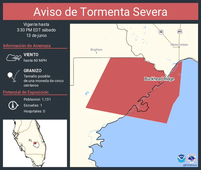 Este gráfico muestra la localización en el mapa de un aviso de tormenta severa. El aviso estará en efecto hasta las 3:30 PM EDT. El aviso incluye a Buckhead Ridge FL. El aviso incluye el noreste del condado de Glades en el sur de Florida. Las amenazas asociadas a este aviso son: ráfagas de viento de 60 MPH y granizo del tamaño de una moneda de cinco centavos. Hay 1,131 personas bajo este aviso incluyendo 1 escuelas y 0 hospitales.