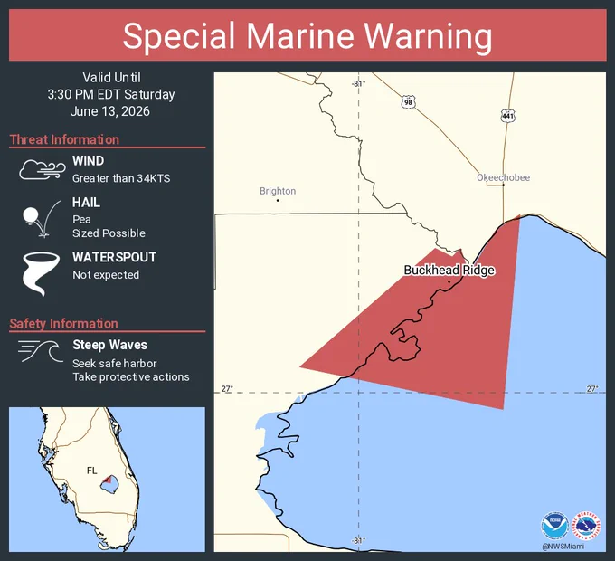 This graphic displays a special marine warning plotted on a map. The warning is in effect until 3:30 PM EDT. The warning includes Lake Okeechobee. The threats associated with this warning are wind gusts greater than 34kts and pea sized hail. Waterspouts are not expected. Steep waves can be expected. Seek safe harbor and take protective actions.