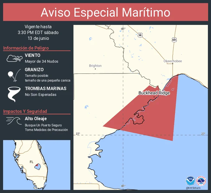 Este gráfico muestra la localización en el mapa de un Aviso Especial Marítimo. El aviso estará en efecto hasta las 3:30 PM EDT. El aviso incluye a Lago Okeechobee. Las amenazas asociadas a este aviso son: ráfagas de vientos de mayor de 34 nudos y granizo del tamaño de una pequeña canica. Las trombas marinas no son esperadas. Alto oleaje. Busque un puerto seguro y tome medidas de precaución.