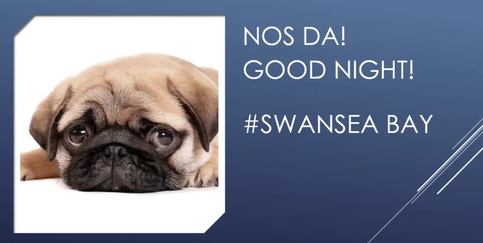 Close-up of a sad-looking pug resting its head on a white surface against a blue background with the text 'NOS DA! GOOD NIGHT! #SWANSEA BAY'.