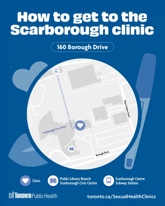 A series of four map graphics. Each has a blue background, white text, and showcases an intersection with a Toronto Public Health Sexual Health Clinic location identified with a heart. Locations are; Scarborough (150 Borough Drive); 