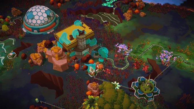Colorful futuristic landscape with dome and building structures connected by winding paths and surrounded by vibrant vegetation.