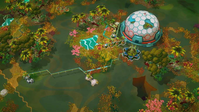 Futuristic dome structure connected by pipelines in a colorful, lush alien landscape with various plants and water bodies.