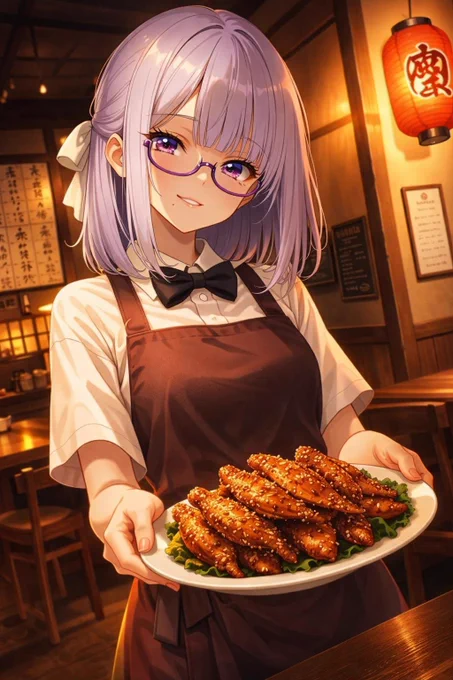 masterpiece, best quality, ultra-detailed, 1girl, waitress, holding a plate of delicious crispy Nagoya-style chicken wings (Tebasaki), serving to a customer, retro Japanese izakaya interior, warm amber lighting, wooden tables and stools, nostalgic atmosphere, handwriting menu on the wall, red lanterns, dynamic composition, warm color temperature, vibrant light and shadow, 
dramatic lighting, anime style, cinematic lighting, soft shadows, vibrant but sophisticated colors, 8k resolution, highly detailed eyes and fabric textures.