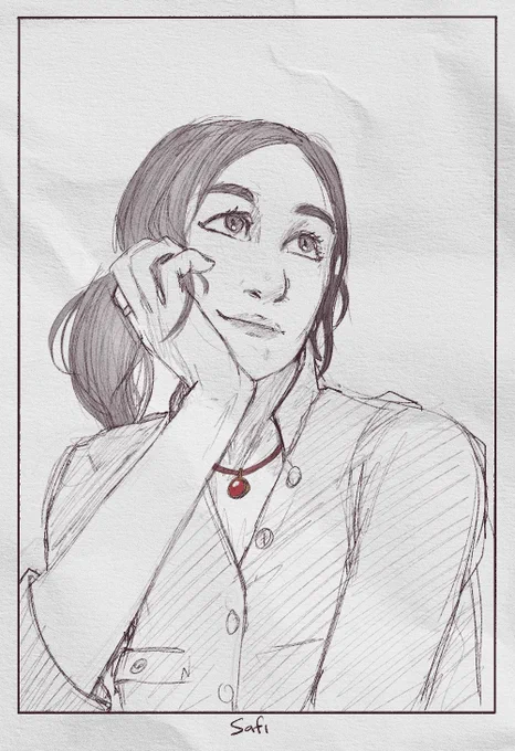 Digital sketch portrait of Safi resting her head on her hand, looking upwards and smiling.
Do not use for ai training.
