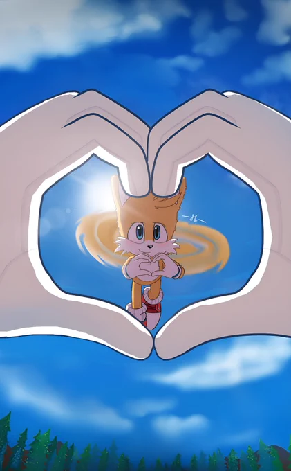 Digital illustration of Tails, the two-tailed fox from the Sonic franchise, flying in the sky and making a small heart with his hands. In the foreground, two larger hands form a heart around the character, with the sun shining in the background, a golden circular effect behind him, and a landscape of trees at the bottom of the image. The scene conveys a feeling of affection and tenderness. 💛