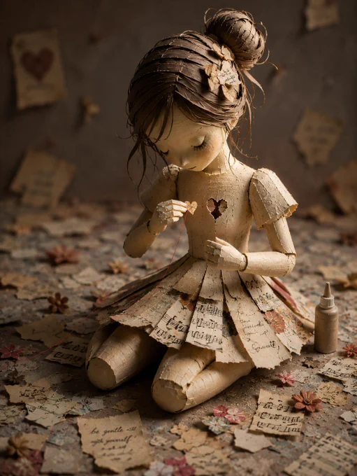 Intricate paper craft sculpture of a melancholic young girl with a large heart-shaped hole in her chest, gently holding a small paper heart on a red thread. Her pleated dress is made from printed sheet music. Scattered musical scores, dried flowers, and a glue bottle surround her on a textured floor. Soft dramatic lighting, emotional and symbolic handmade art.