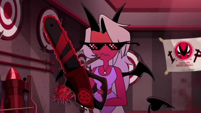 the succubus intern in short 12 - imp training video, with several shitty transparent image assets (deal with it glasses, a fat blunt/cigar, and a chainsaw) photoshopped onto her