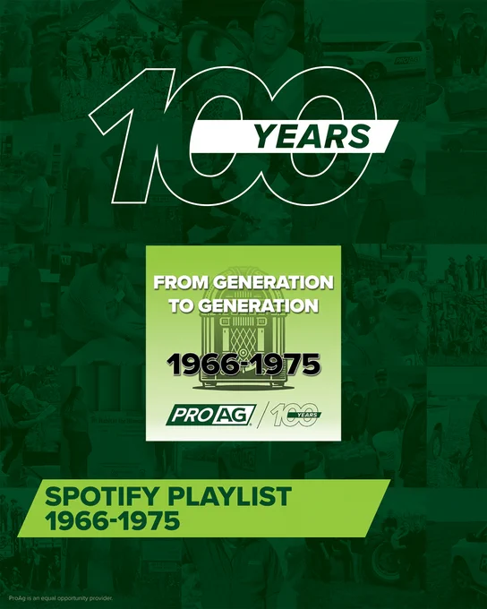 Poster celebrating 100 years of ProAg crop insurance company with the text "From Generation to Generation 1966-1975." It features a Spotify playlist for the years 1966-1975, with a background collage of historical agricultural images. ProAg is an equal opportunity provider.