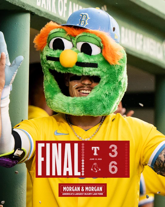 Final score from June 13, 2026
Rangers 3 Red Sox 6 

IMAGE: Final score graphic featuring a photo of Jarren Duran wearing the Wally head in the dugout in celebration after hitting a home run with seeds flying in the air around him.