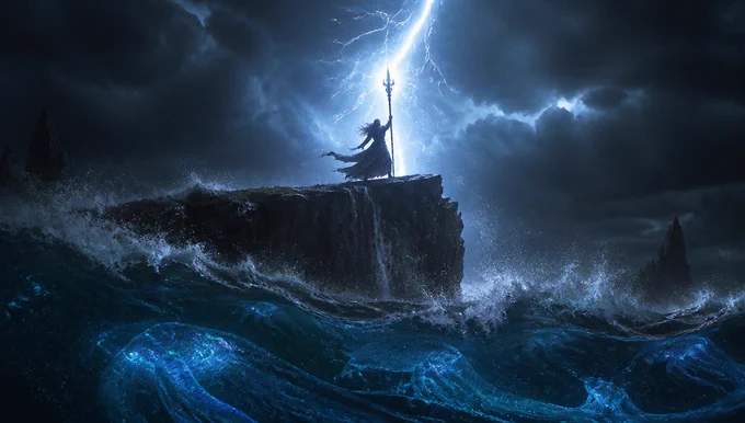 A long-haired, robed figure stands atop a rocky cliff overlooking a turbulent, dark ocean at night. They hold a tall, ornate spear pointed upward toward a massive bolt of lightning striking the sky. Beneath the stormy waves, glowing blue, translucent jellyfish or ethereal aquatic creatures drift through the water. The scene is dramatic, dark, and fantasy-inspired, with high-contrast lighting from the lightning strike illuminating the figure and the spray of the crashing waves.