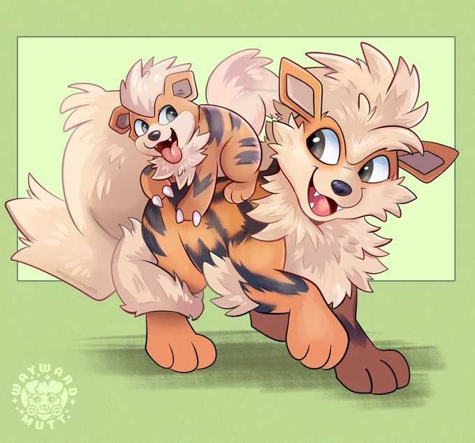 A Growlithe is sitting on Arcanines back. 
